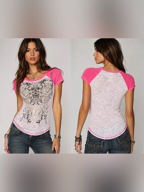 Y2K Daytrip Graphic Tee Size Small Pink Burnout S/S Top Boho Embellished Rayon